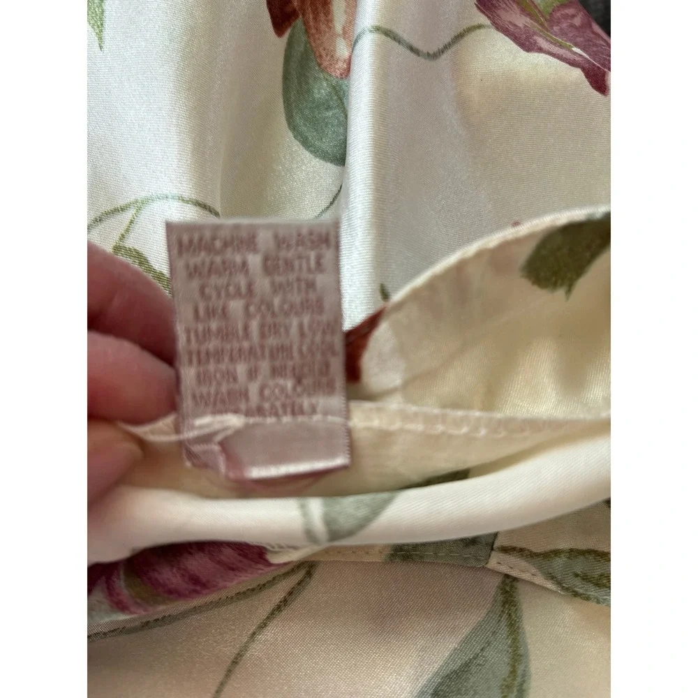 Vintage Floral Satin Slip Dress XL Cream Rose‎ Print Ruffle Back Midi Dress